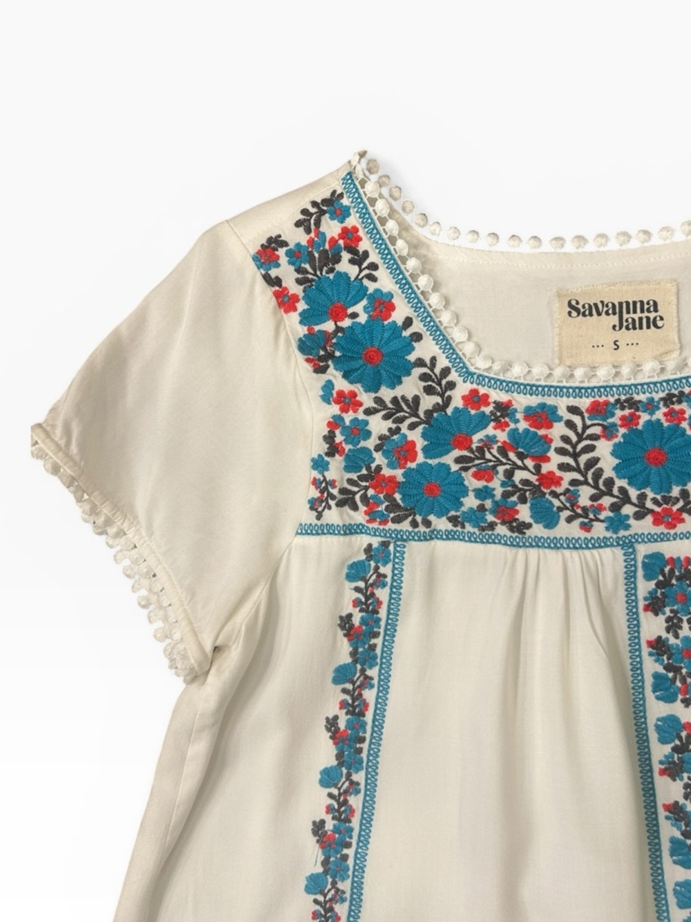 Savanna Jane Floral Embroidered Short Sleeve Square Neck Top White Size Small - Picture 8 of 13